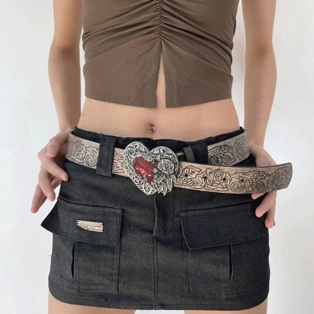 Engraved Flower Detail Heart Decor Belt With Hole Punch