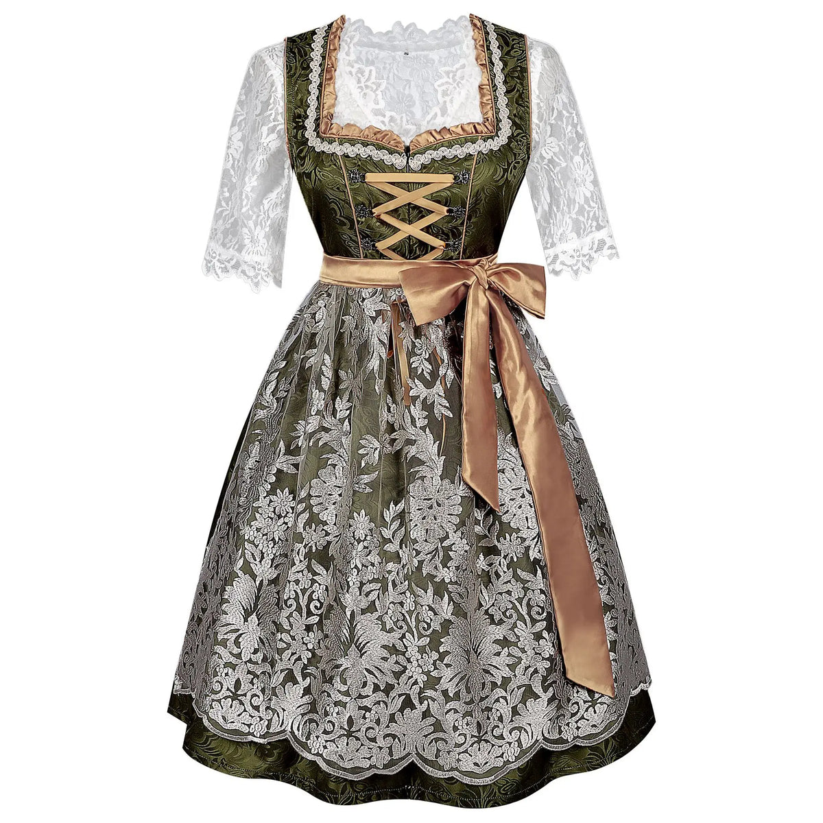 Women’s Green & Gold Dirndl Dress – Elegant Bavarian Oktoberfest Costume with Embroidered Tulle Apron