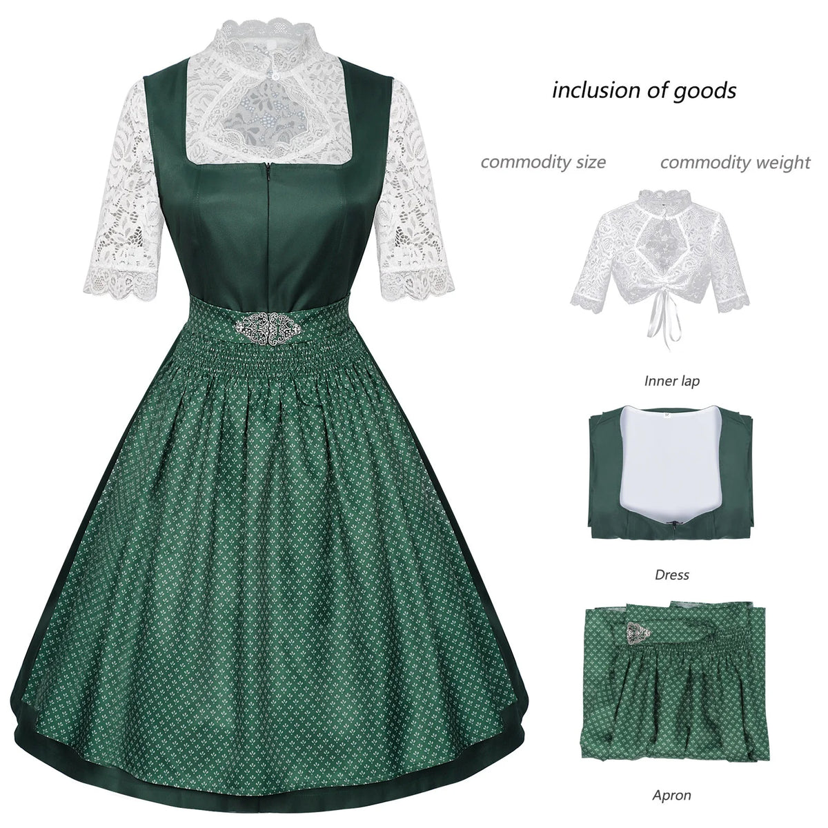 Women’s Elegant Dirndl Dress Set – Oktoberfest Bavarian Costume with Lace Blouse & Patterned Apron