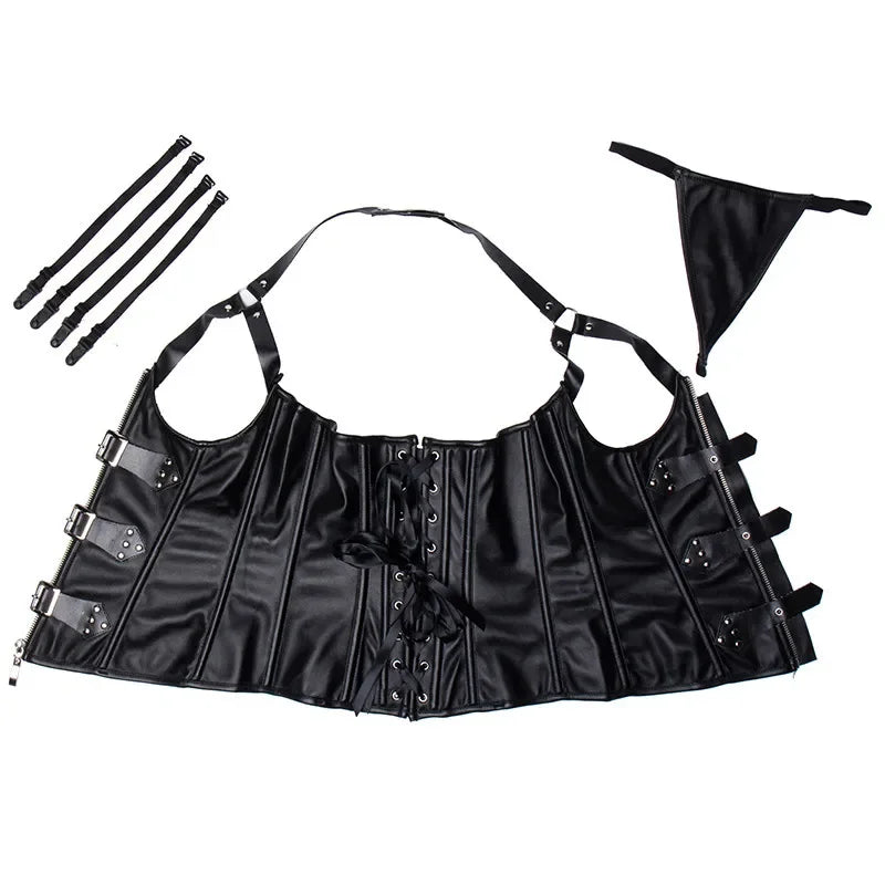 Steampunk Corsets Bustiers PU Leather Corset Halter Top Overbust Corselet  Women Zipper Gothic