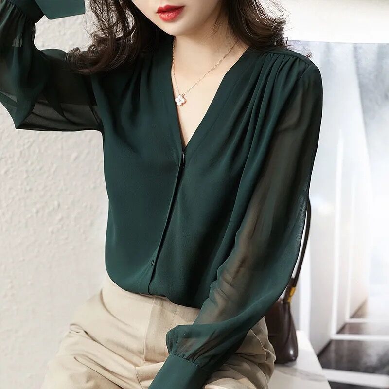 Long-sleeve Spring & Summer French V-neck Design Sense Top Temperament Loose Chiffon Shirt