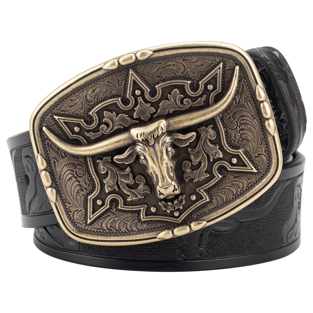 Fashion Men's Belt West Cowboy Genuine Leather Bull Head Buckle