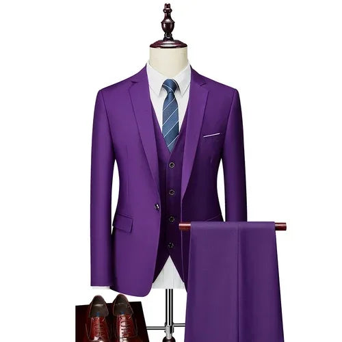 Men’s 3-Piece Slim Fit Suit Set – Blazer, Vest & Pants | Casual Business Solid Color Outfit