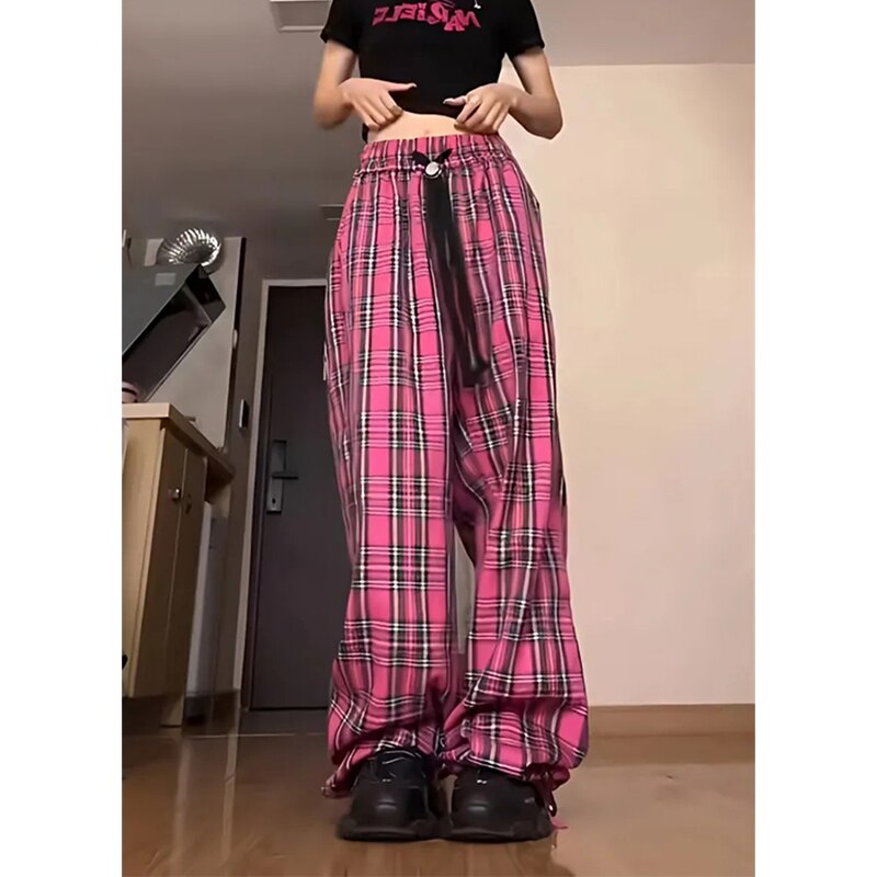 Wide Leg Checked Women High Waist Baggy Joggers Trousers