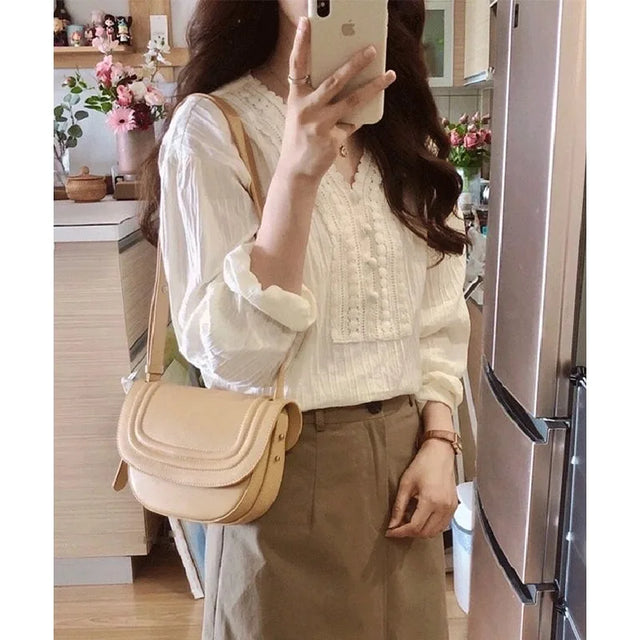 Women's Cotton Long Lantern Sleeve Blouse, Tops, V-neck