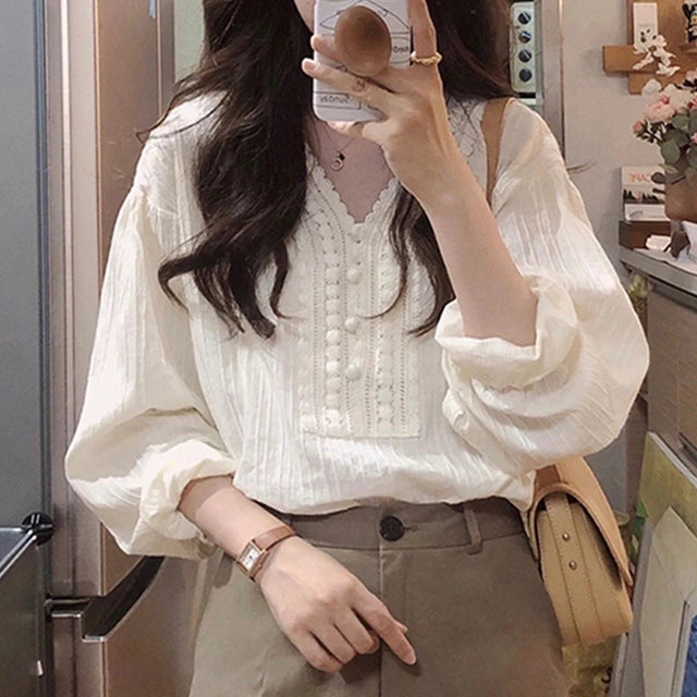 Women's Cotton Long Lantern Sleeve Blouse, Tops, V-neck