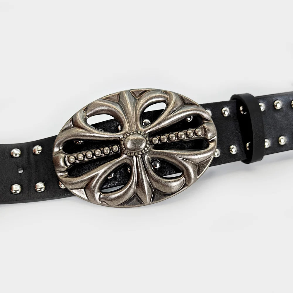 Black Punk Rock Studded Belt with Vintage Silver Cross Buckle – Gothic Fashion Waist Belt for Jeans & Dresses