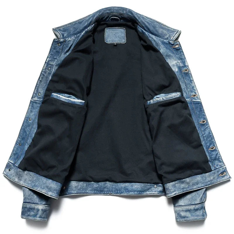 Men’s Genuine Leather Jacket – Vintage Blue Wash, Classic Fit