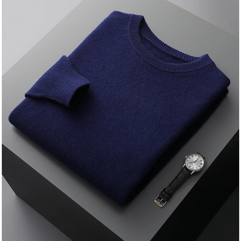 Men’s 100% Merino Wool Jumper – Crew/O-Neck Pullover Soft Warm Breathable, Solid Colour
