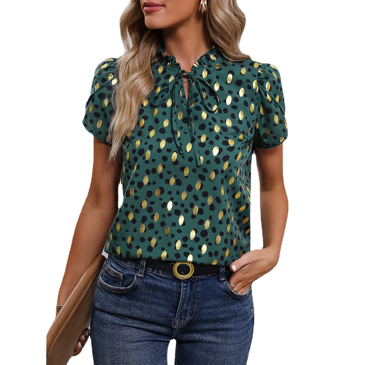 Summer Blouse Women Tops Gold Dot Print Puff Sleeve Shirt