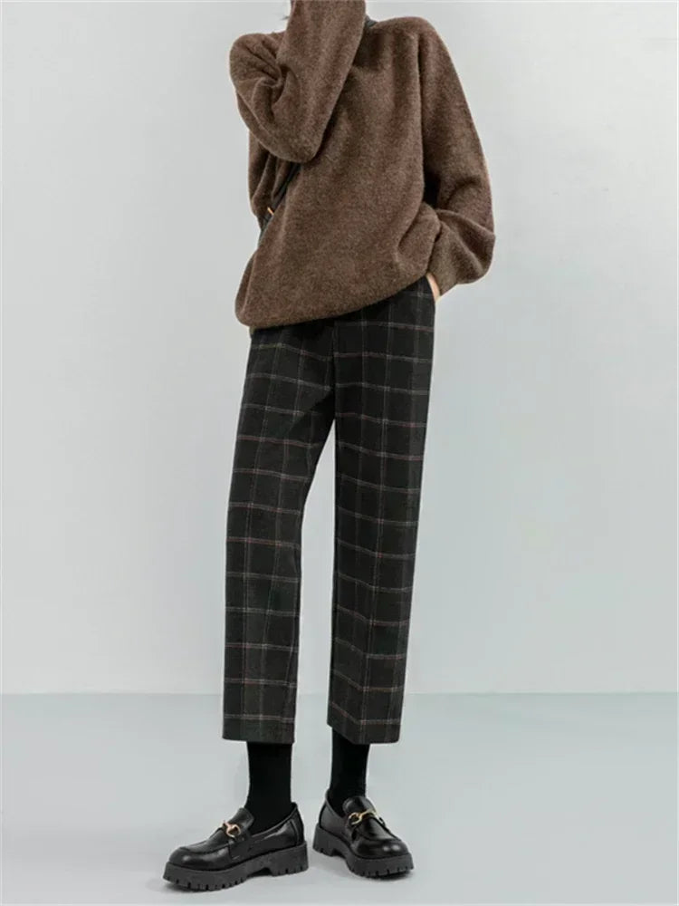 Woolen Plaid Women Formal Straight Pants High Waist Ankle-Length Chic Loose Ladies Pants