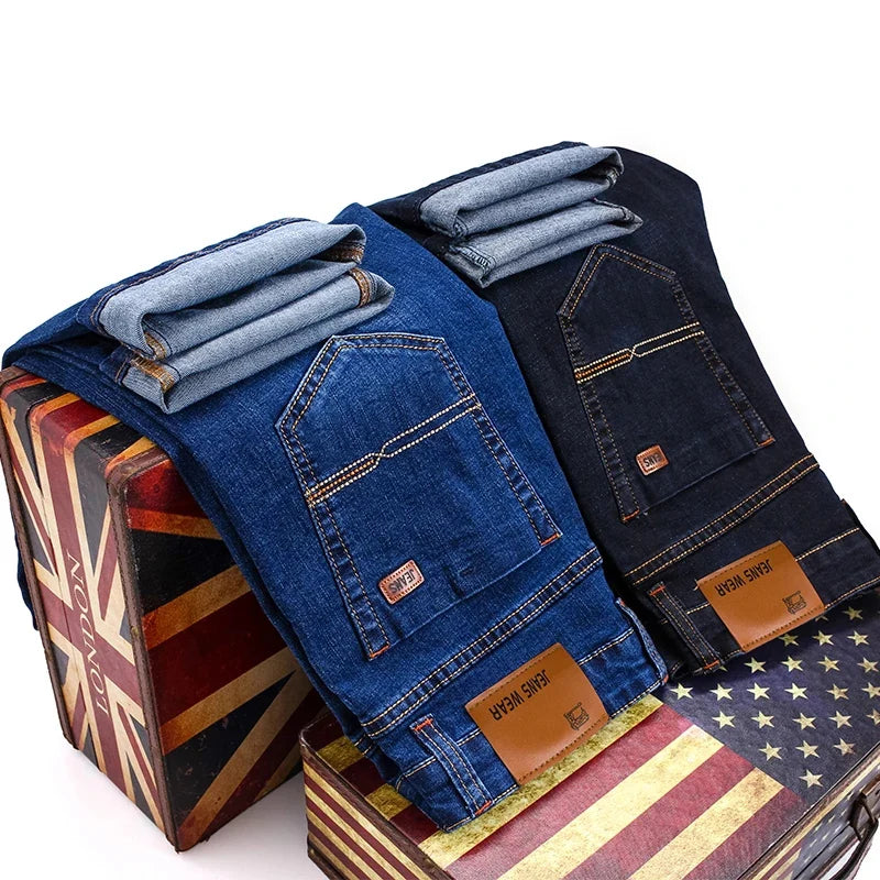 Men's Classic  Fitted Stretch Jeans Business Casual Cotton Denim Straight Leg Pants