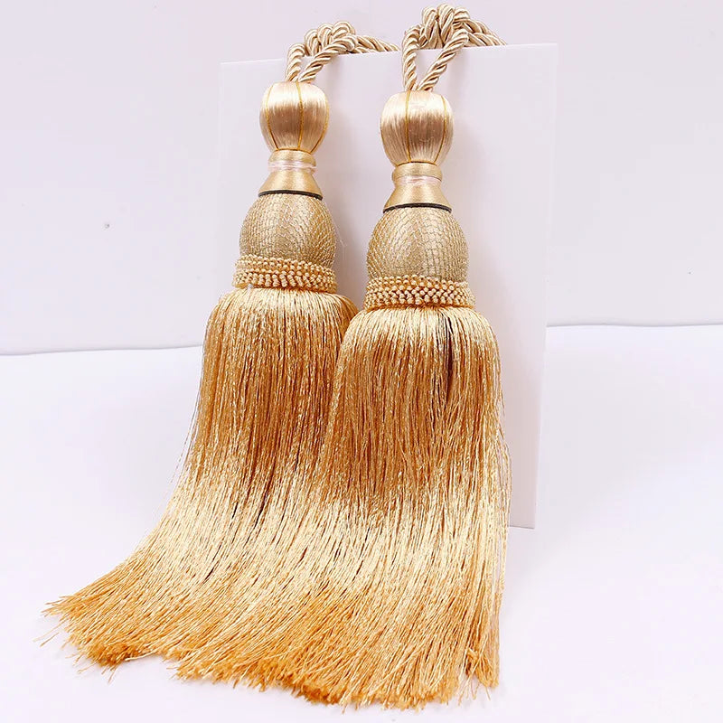 Pair of Large Luxury Curtain Tassels – Decorative Polyester Silk Gold Tiebacks with Tennis-Style Hanging Ear Design for Home & Living Room Drapes