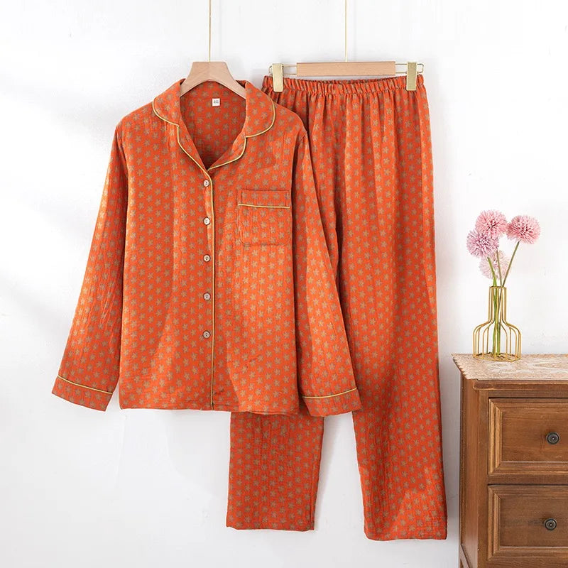 100% Cotton Crepe Winter Pajama Set for Women, Long Sleeve 2 Piece Plus Size Loungewear Sleepwear