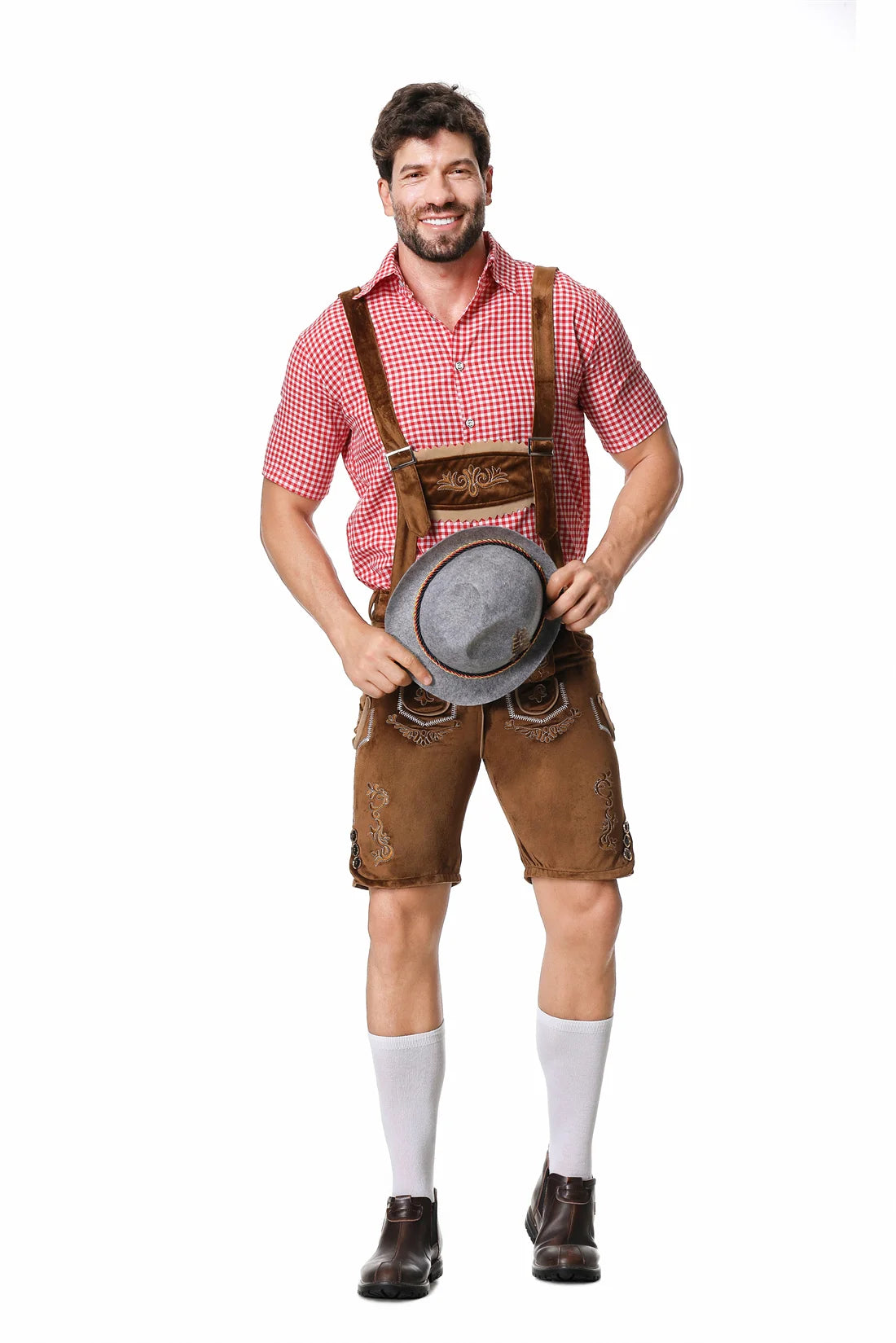 German Oktoberfest Lederhosen Short Sleeve Plaid Shirt Suspenders With Shirt Set & Hat