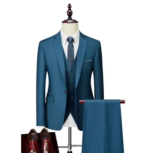 Men’s 3-Piece Slim Fit Suit Set – Blazer, Vest & Pants | Casual Business Solid Color Outfit