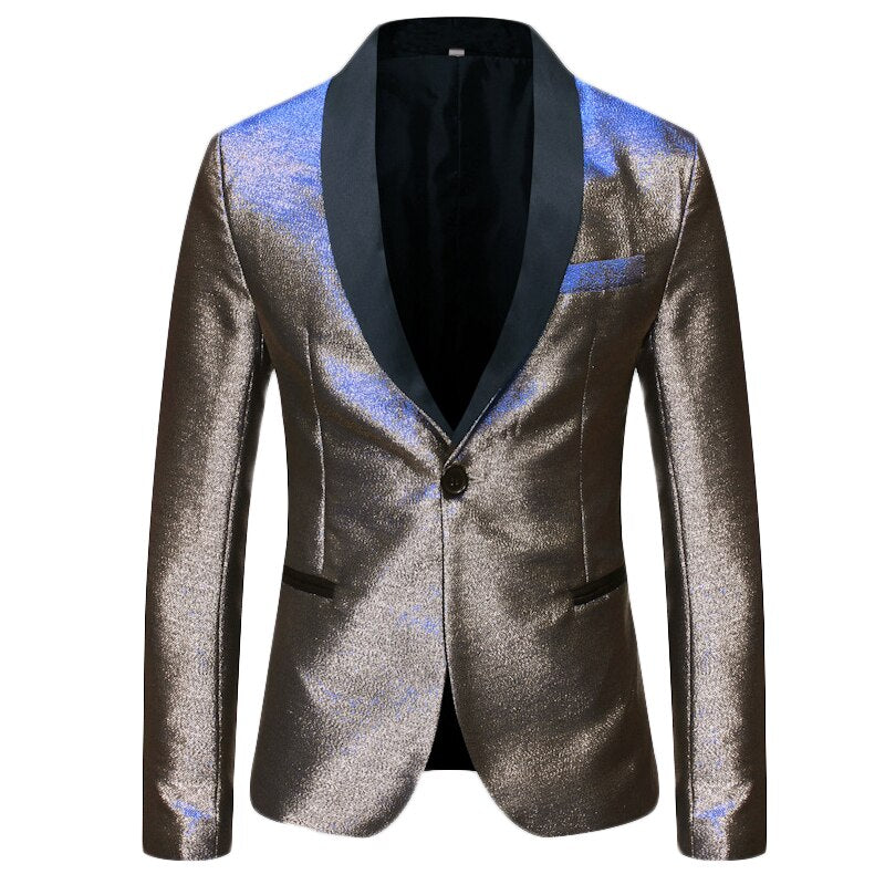 Men's Shiny Fashion Gradient Dress Blazer One Button Shawl Lapel Elegant Suit Jacket
