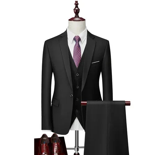 Men’s 3-Piece Slim Fit Suit Set – Blazer, Vest & Pants | Casual Business Solid Color Outfit