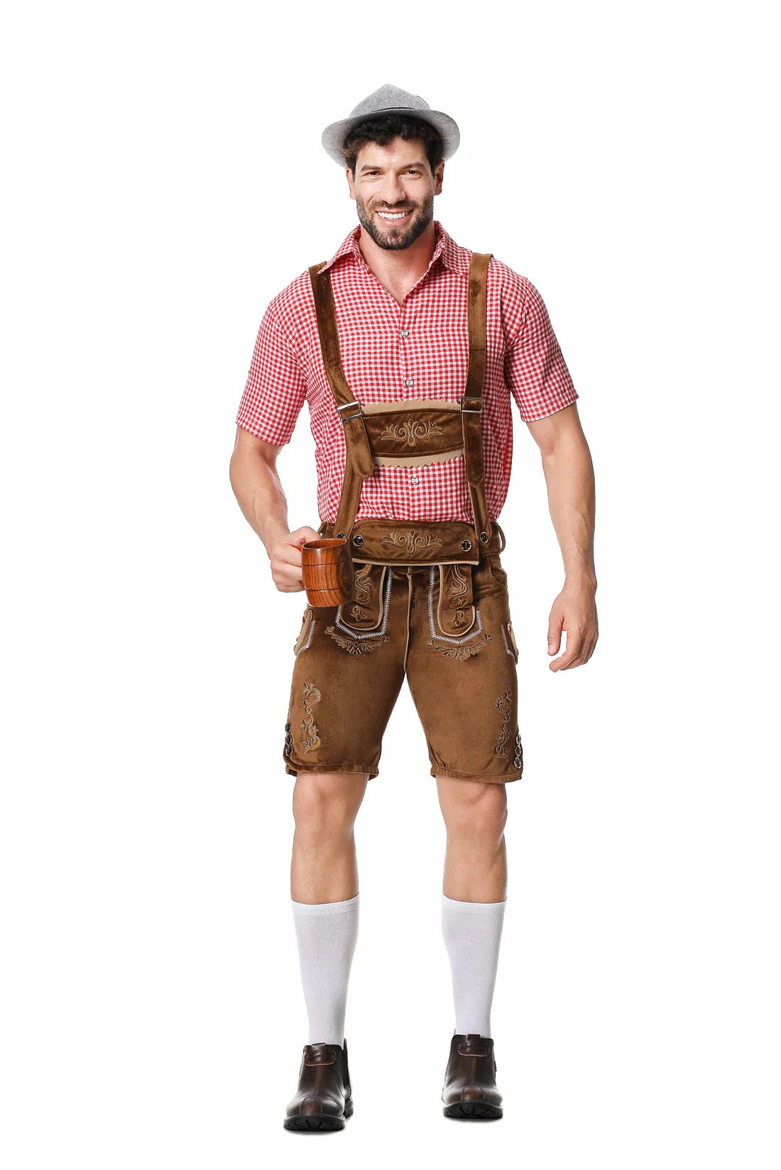 German Oktoberfest Lederhosen Short Sleeve Plaid Shirt Suspenders With Shirt Set & Hat