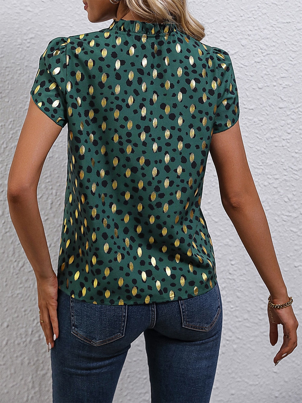 Summer Blouse Women Tops Gold Dot Print Puff Sleeve Shirt
