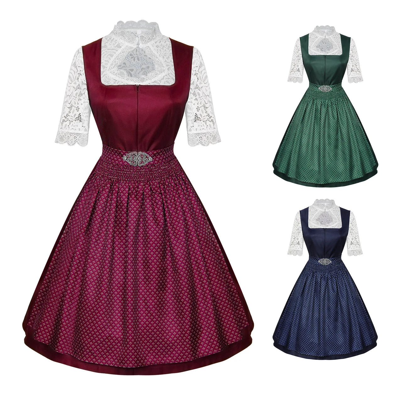 Women’s Elegant Dirndl Dress Set – Oktoberfest Bavarian Costume with Lace Blouse & Patterned Apron