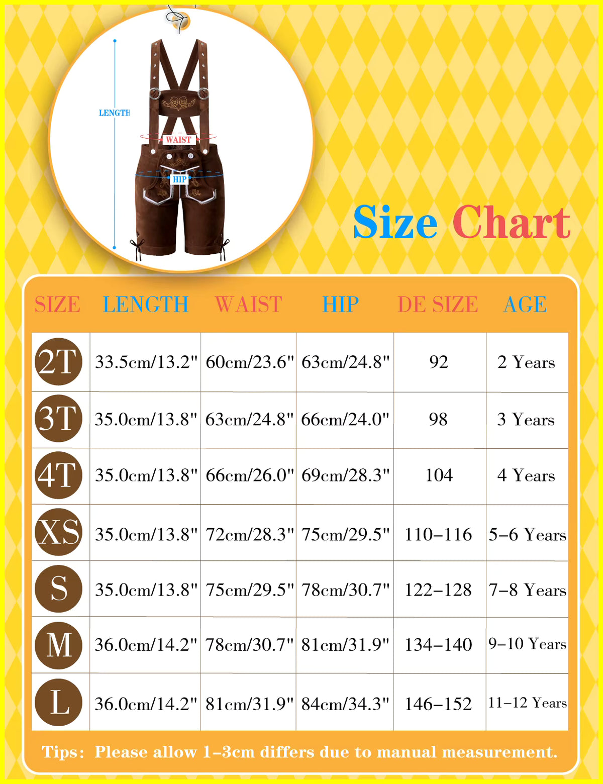 Kids Lederhosen Outfit Bavarian Oktoberfest Costume for Boys & Girls, German Traditional Suspenders Shorts