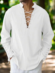 White lace-up shirt worn by a person on a white background