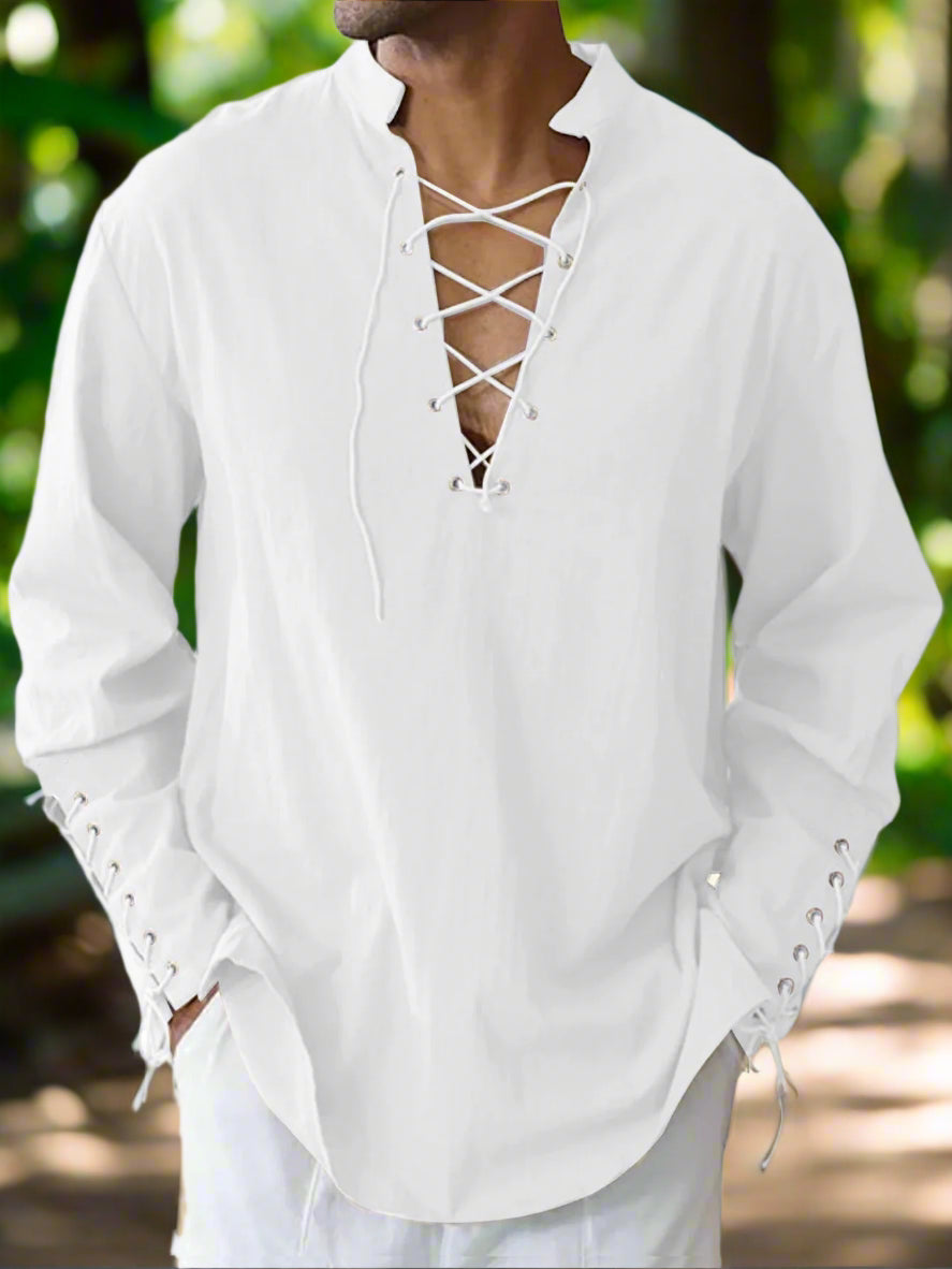 White lace-up shirt worn by a person on a white background