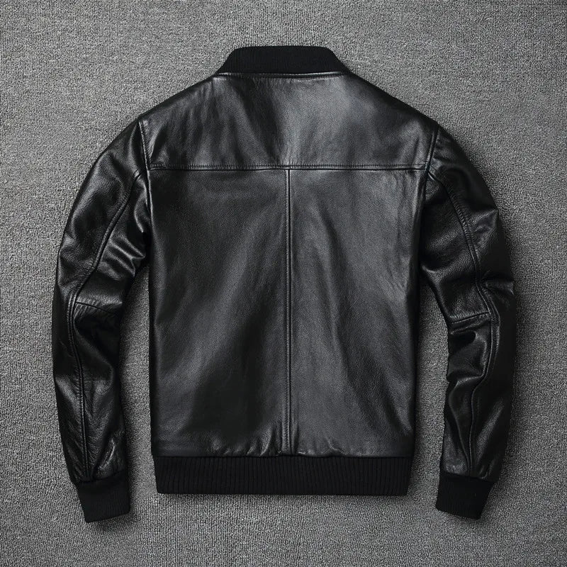 Black Genuine Leather Bomber Jacket for Men – Premium Cowhide