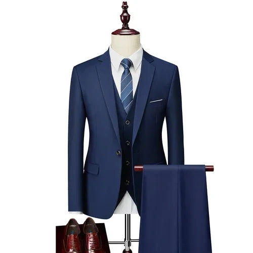 Men’s 3-Piece Slim Fit Suit Set – Blazer, Vest & Pants | Casual Business Solid Color Outfit
