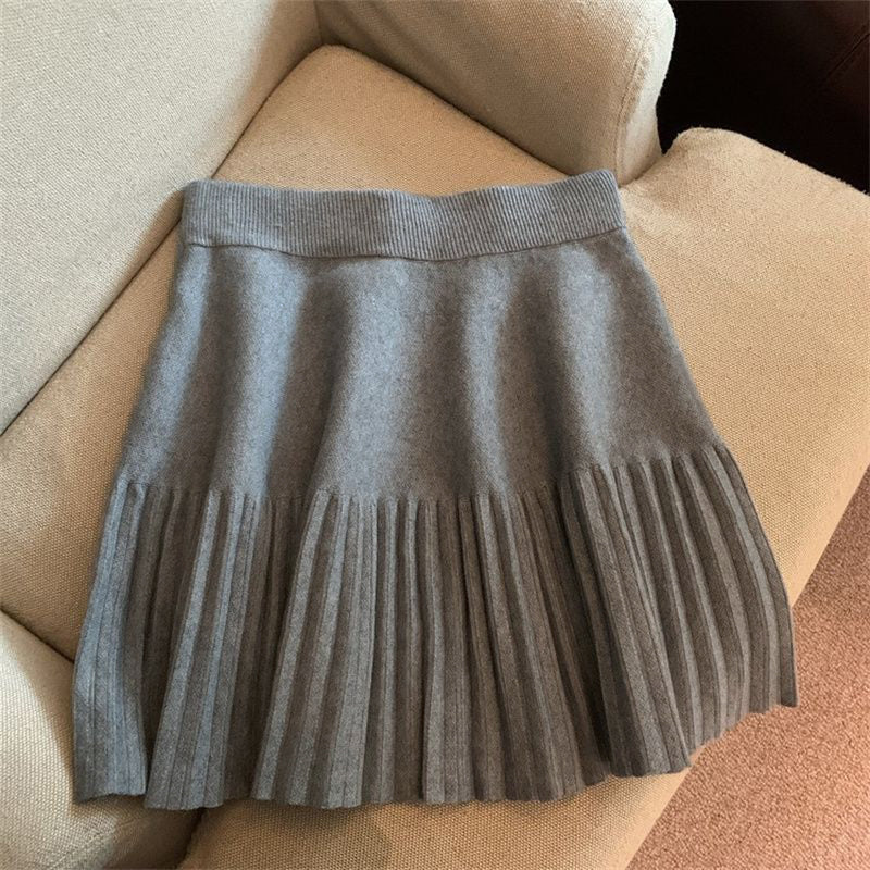 Korean Style Pleated Mini Skirt, Soft Knitted Elastic Waist Skirt for Women