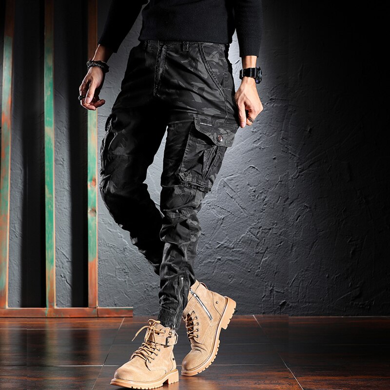 Men Jeans Camouflage Military Trousers Multi Pockets Casual Cargo Pants Hombre Zipper Bottom Hip Hop Joggers