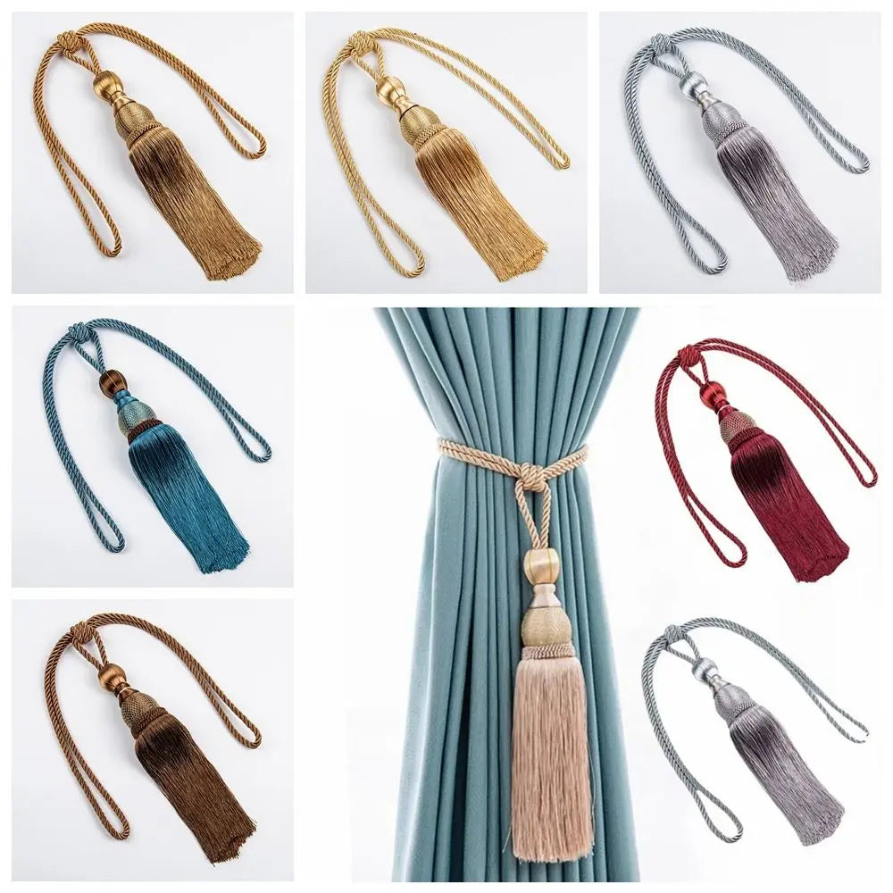 Curtain Tassel Tiebacks – Punch-Free Polyester Yarn Tassel with Gold Wire & Decorative Hanging Balls – Multicolor Window Drapery Holdbacks