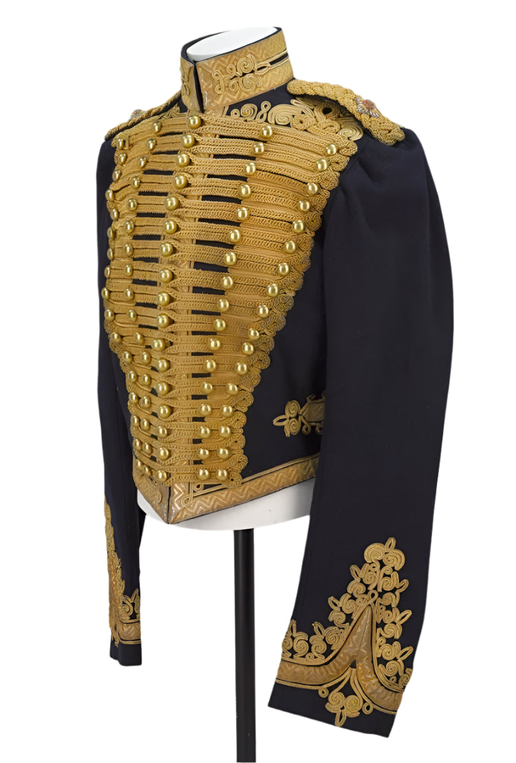 Navy blue military jacket with gold embroidery on a gray background