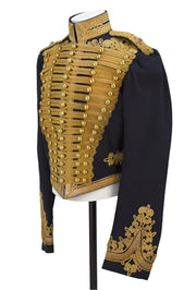 Navy blue military jacket with gold embroidery on a gray background