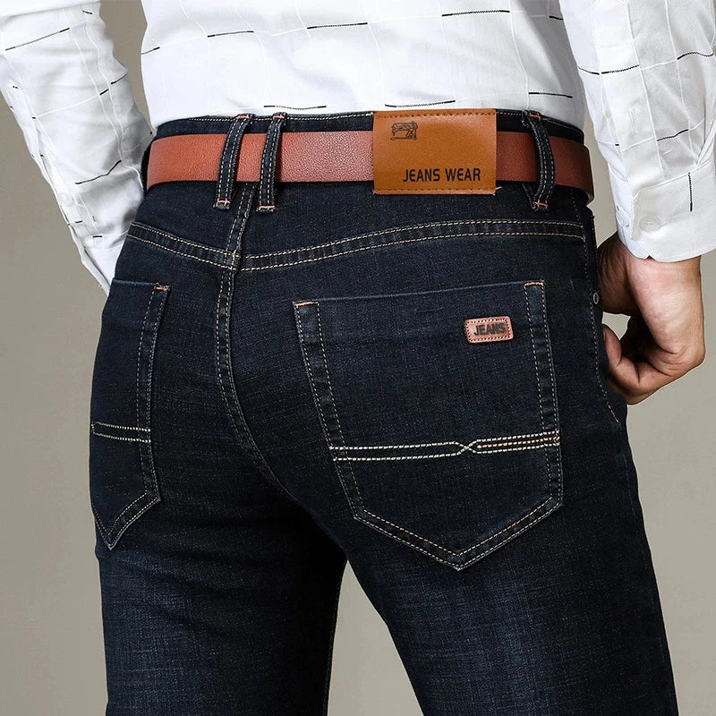 Men's Classic  Fitted Stretch Jeans Business Casual Cotton Denim Straight Leg Pants
