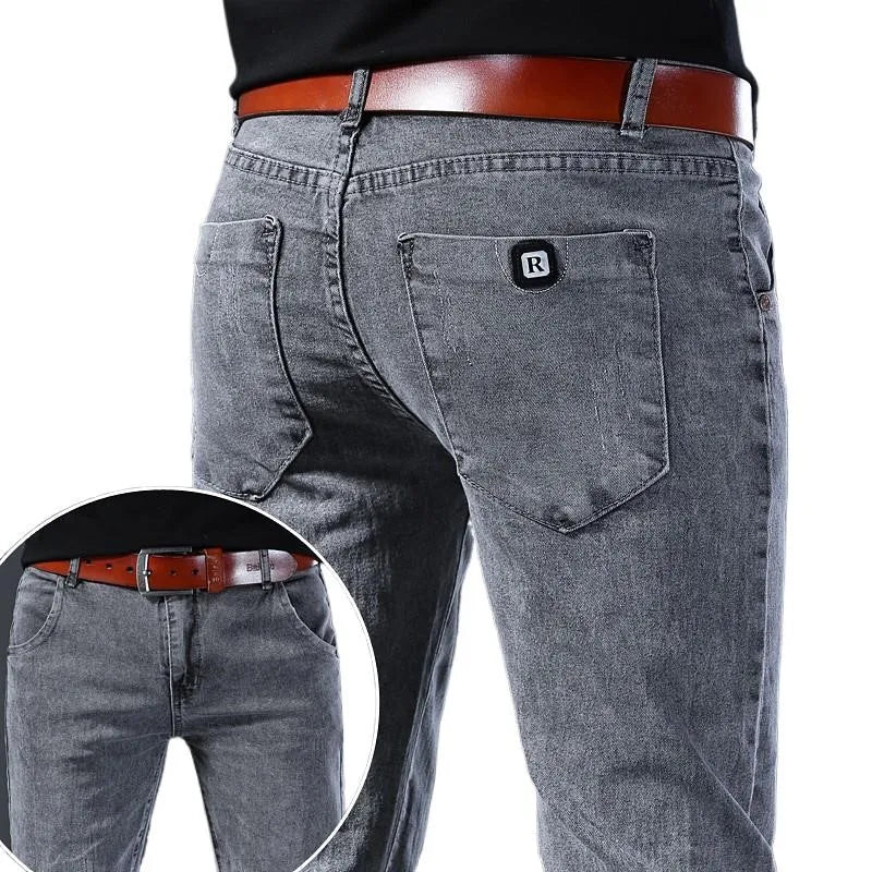 Grey Denim Jeans Male Elastic Pants Fashion Men's Long Thin slim fit