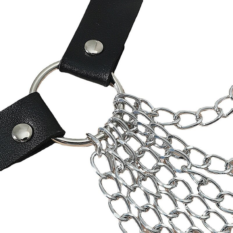 Layered Leather Belt With Chains Body Harness Waist Goth