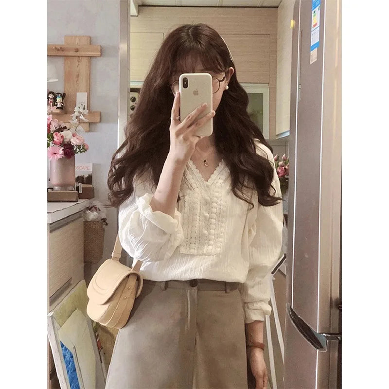 Women's Cotton Long Lantern Sleeve Blouse, Tops, V-neck