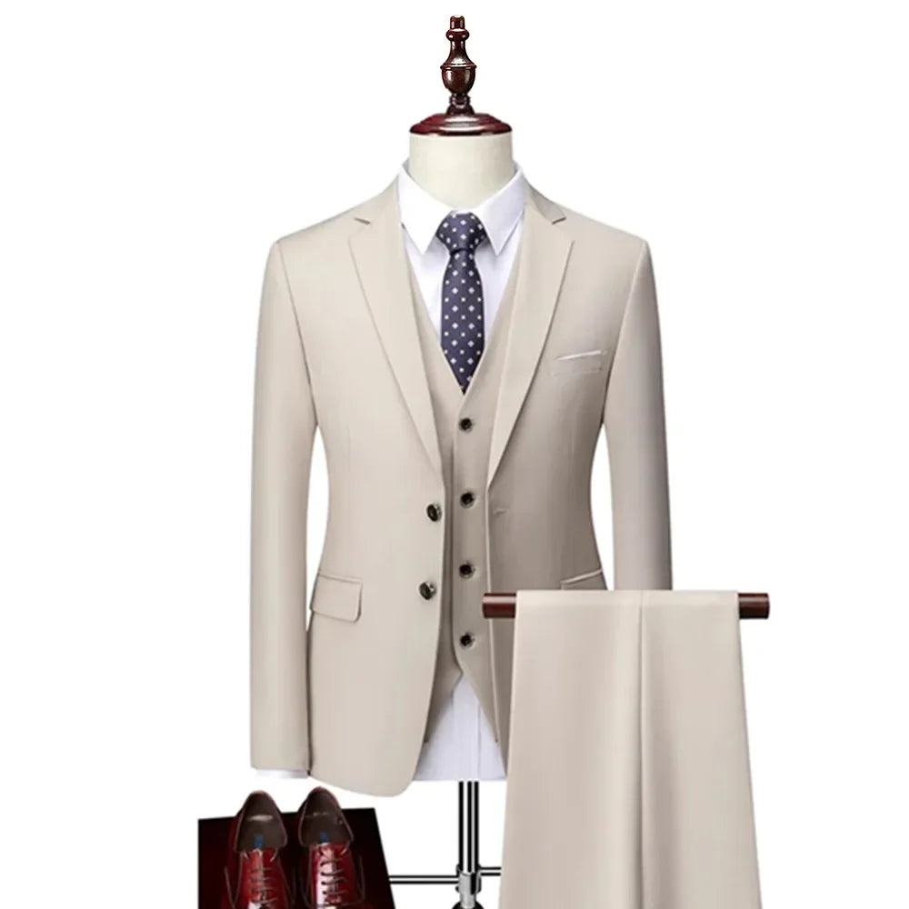 Men’s 3-Piece Slim Fit Suit Set – Blazer, Vest & Pants | Casual Business Solid Color Outfit