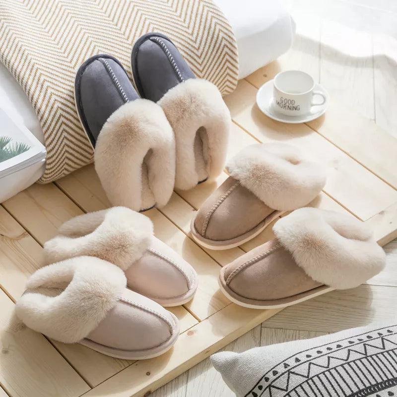 Winter Warm Home Fur Slippers Women Luxury Faux Suede Plush Couple Cotton Shoes Indoor Bedroom Flat Heels Fluffy Slippers