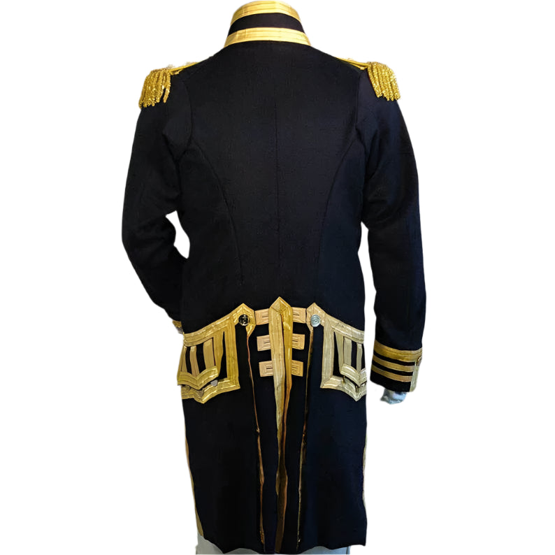 Black military-style coat with gold and white accents on a gray background