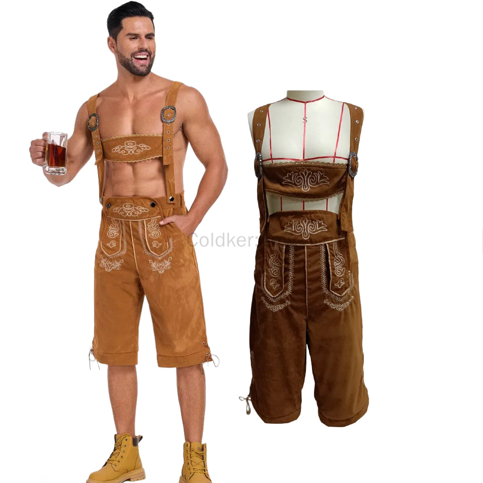 Men’s Bavarian Lederhosen with Matching Suspenders Shorts – Oktoberfest German Costume – Polyester