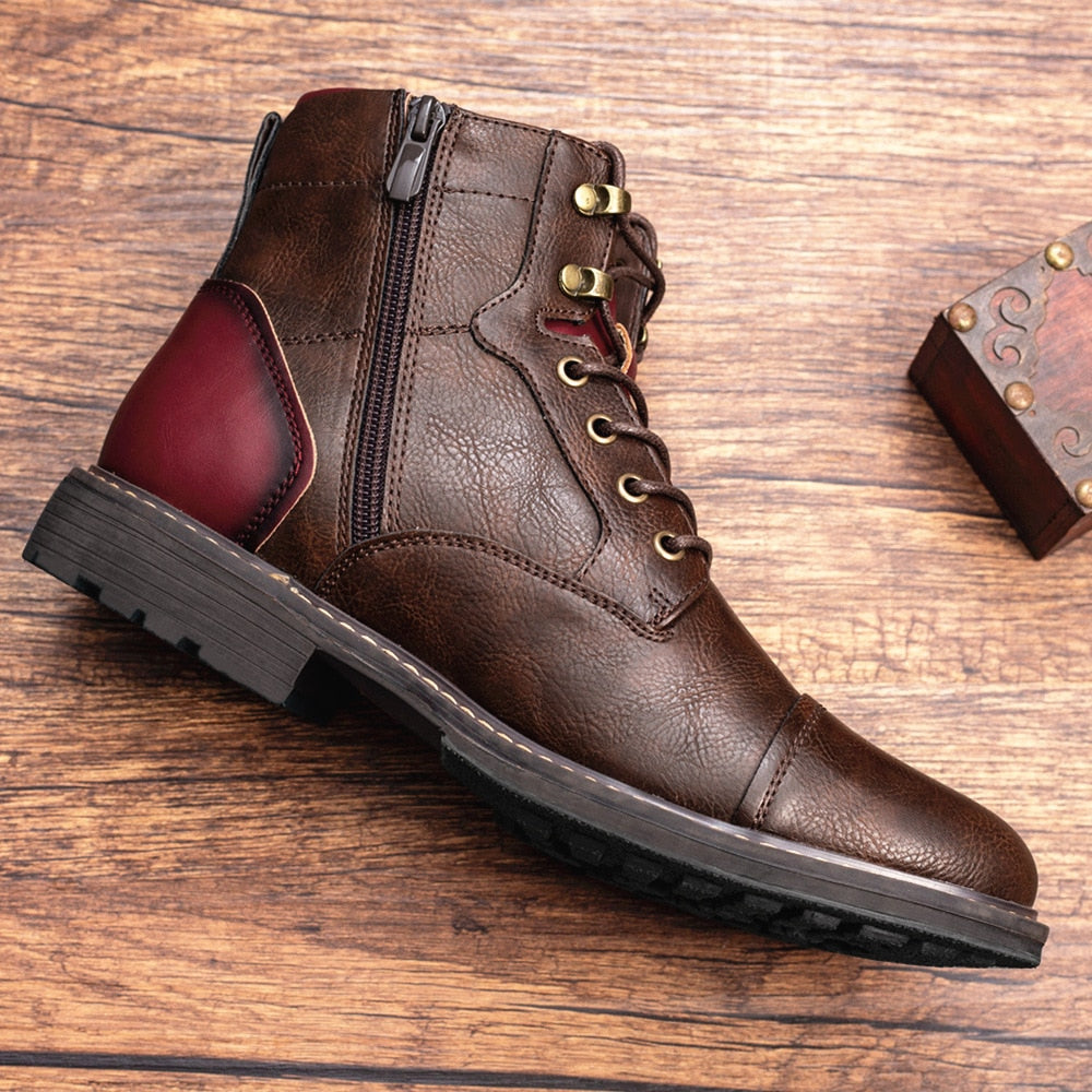 Retro Style Solid Leather Ankle Boots Side Zip Lace Up Round Head