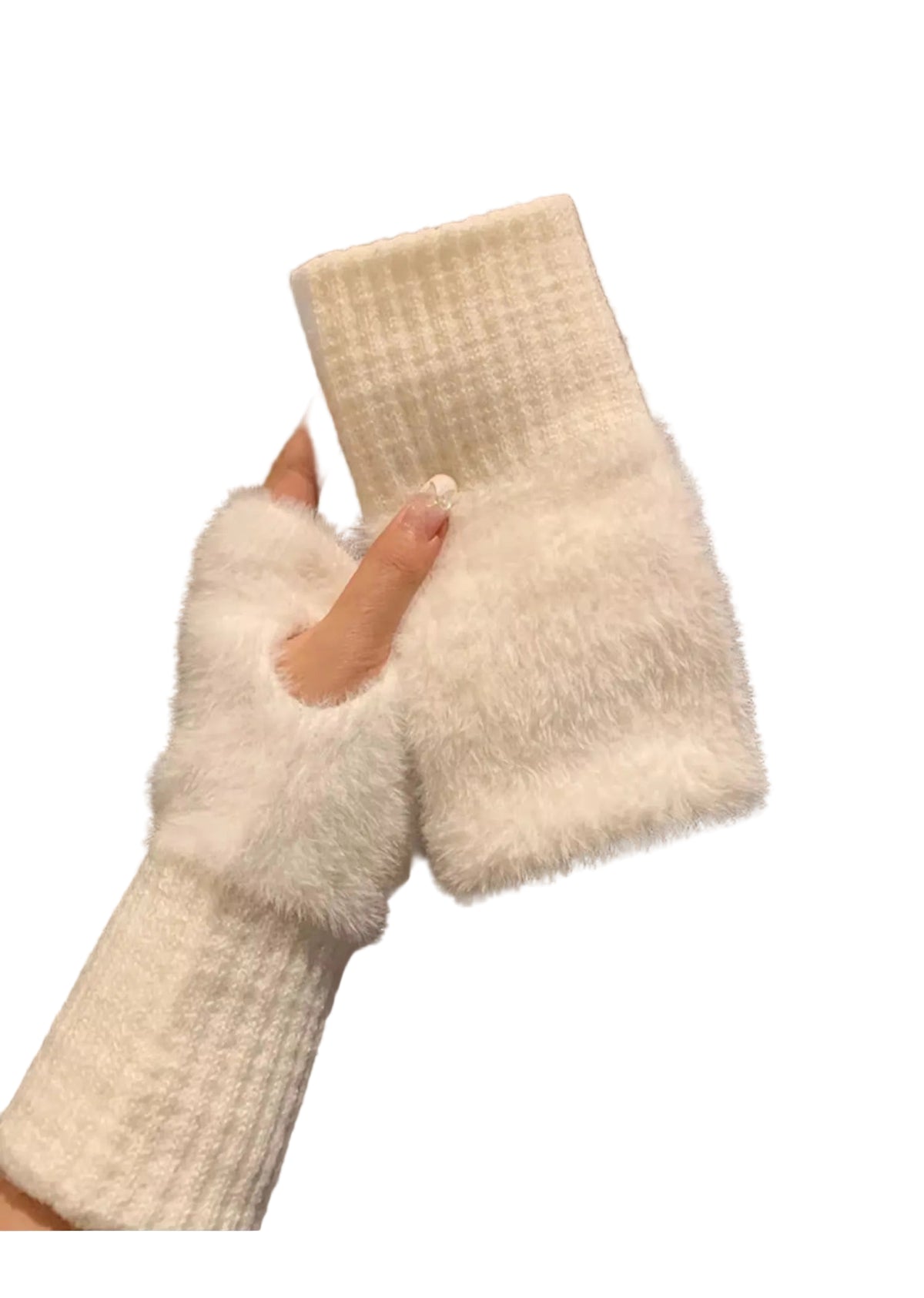 Soft Plush Winter Fingerless Gloves – White Knitted Wrist Warmers white