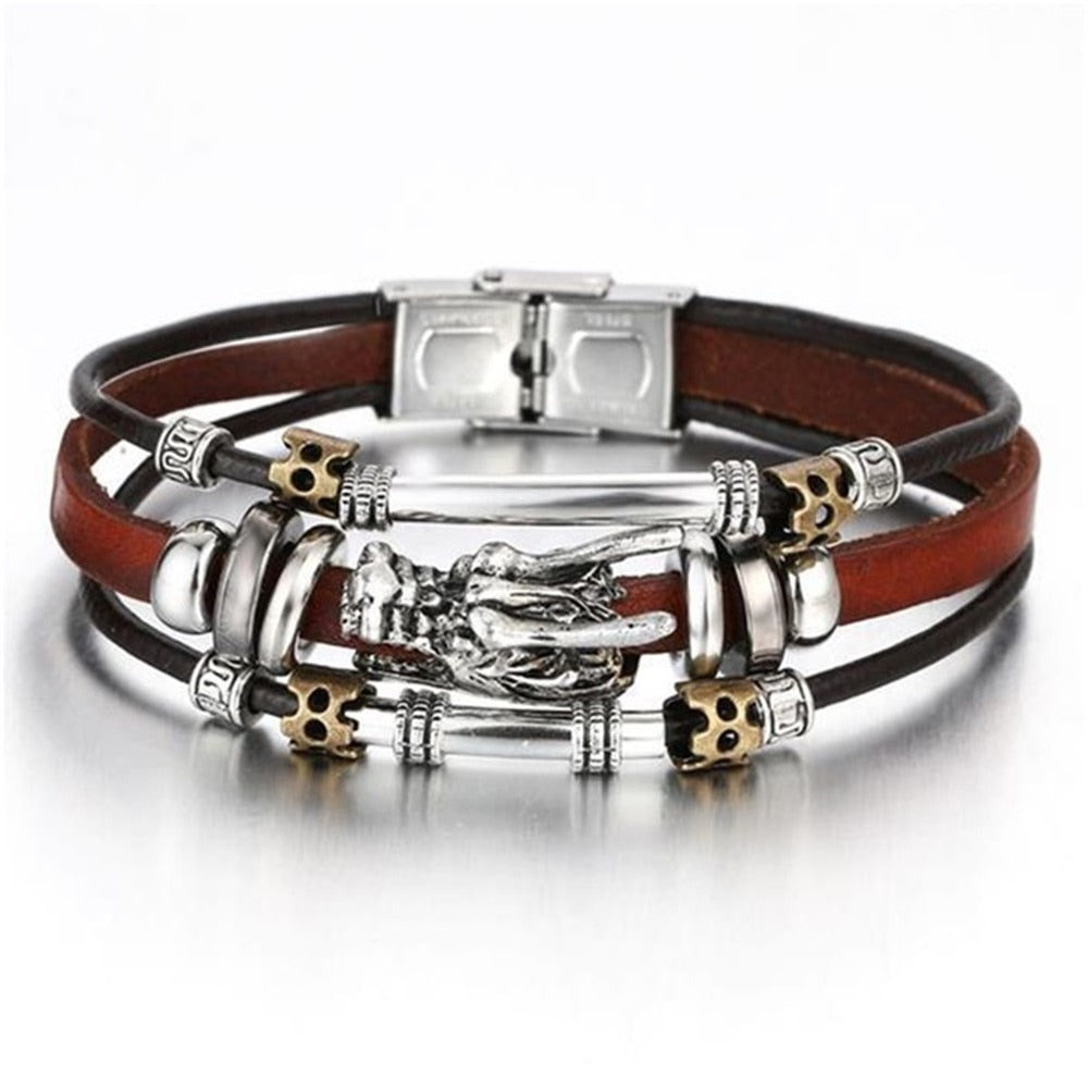 Vintage Gothic Punk Moon Star Metal Multilayer Leather Bracelet Unisex Leaf Bracelets