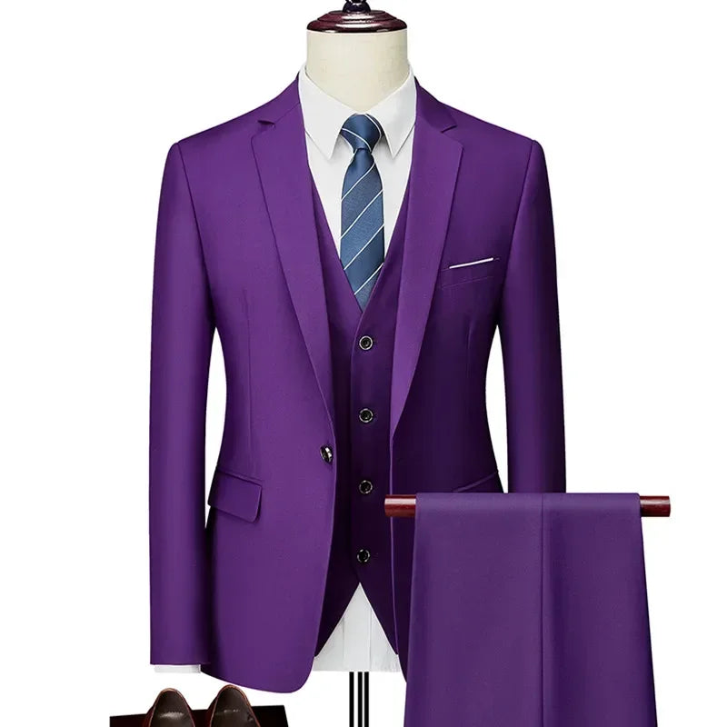 Men’s 3-Piece Slim Fit Suit Set – Blazer, Vest & Pants | Casual Business Solid Color Outfit