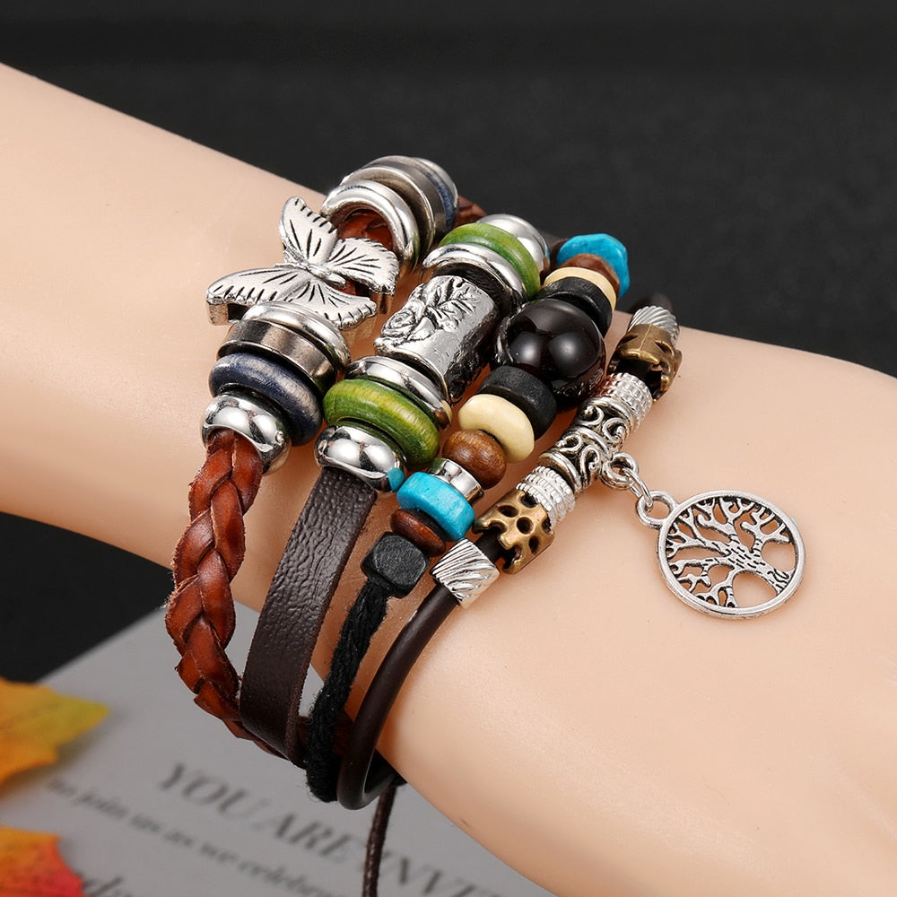 Vintage Gothic Punk Moon Star Metal Multilayer Leather Bracelet Unisex Leaf Bracelets