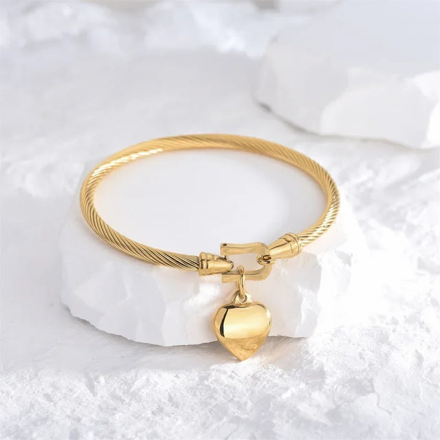 Titanium Steel 18K Gold Plated Heart Charm Bracelet – Simple Elegant Cable Bangle for Women Daily Wear