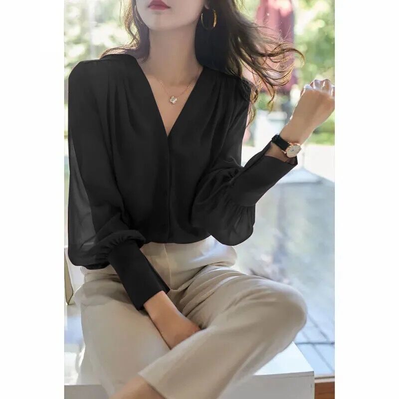Long-sleeve Spring & Summer French V-neck Design Sense Top Temperament Loose Chiffon Shirt